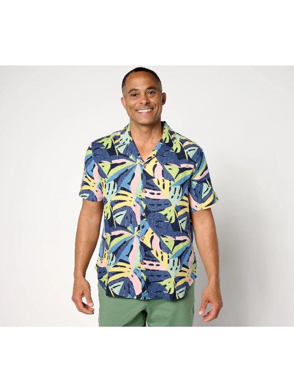 Studio Park x Alberti Popaj Linen Shirt XS Button Up Short Sleeve Printed Palms